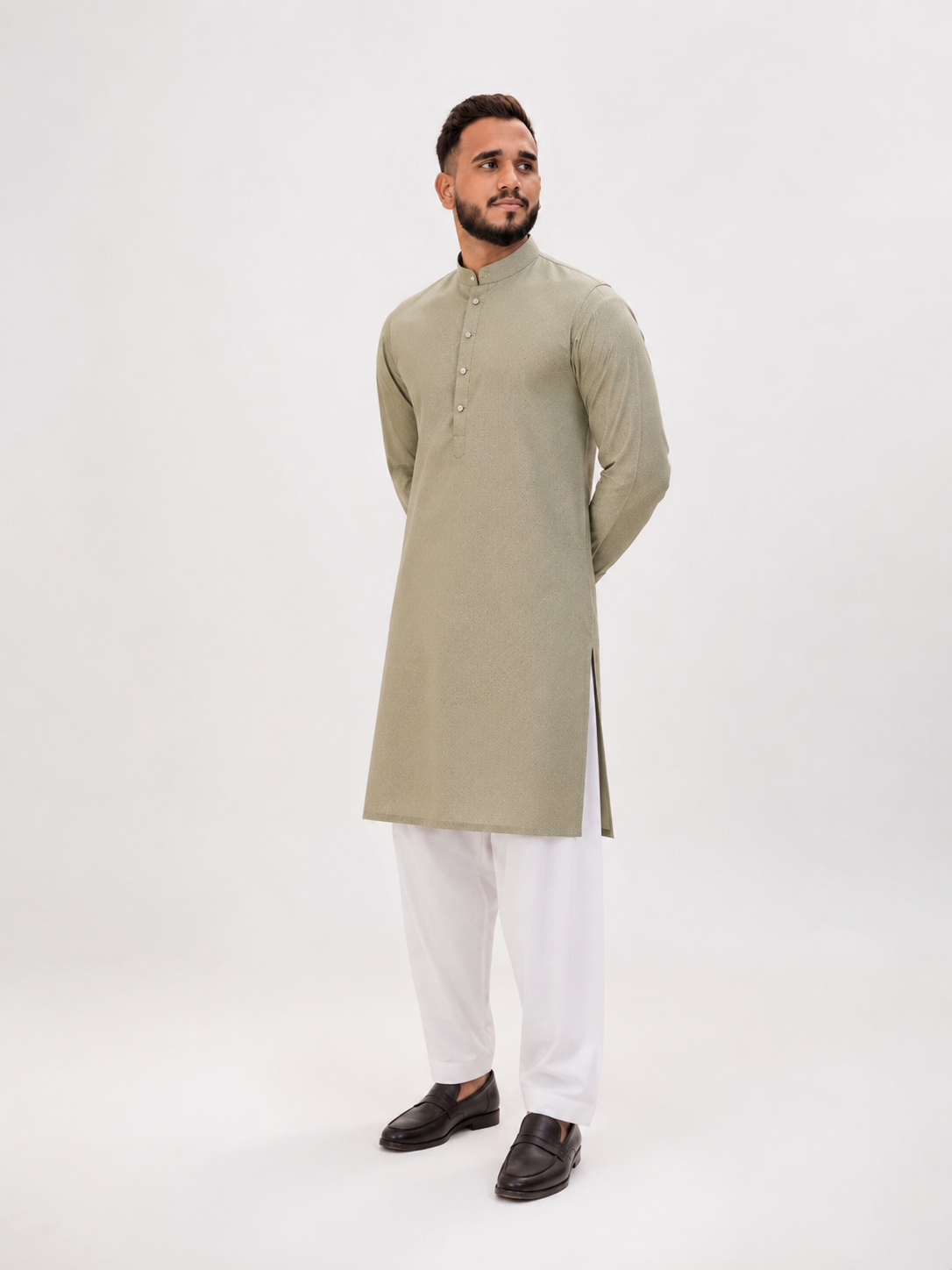 BIN ZAIN Signature Cotton Light Mehndi Kurta