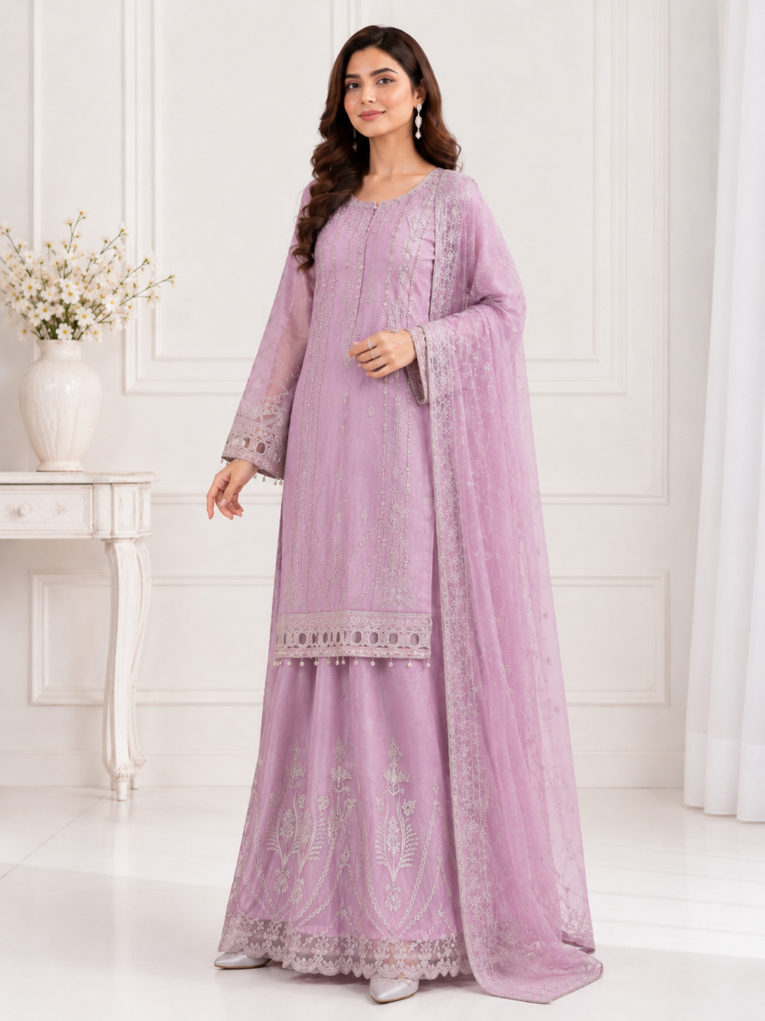 Wali Fashion Lavender Embroidered 3-Piece Suit