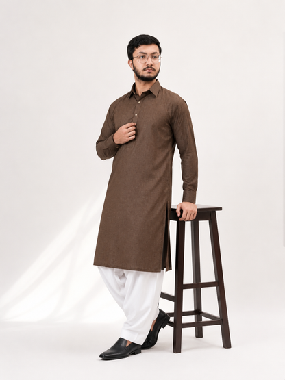 BIN ZAIN Signature Cotton Ash Dark Brown Kurta