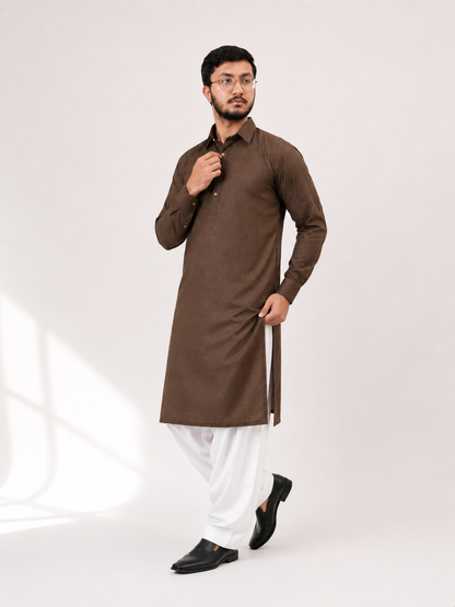 BIN ZAIN Signature Cotton Ash Dark Brown Kurta