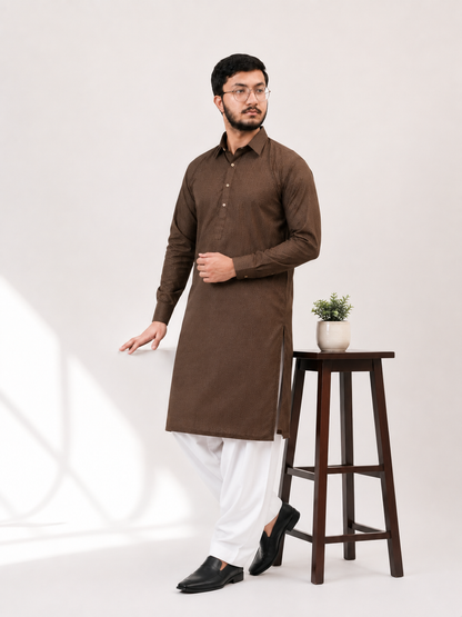 BIN ZAIN Signature Cotton Ash Dark Brown Kurta