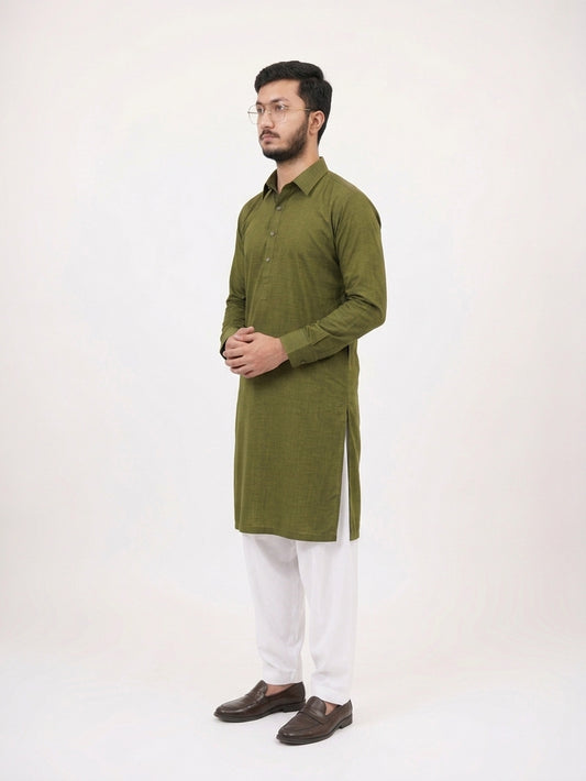 BIN ZAIN Signature Cotton Light Mehndi Kurta