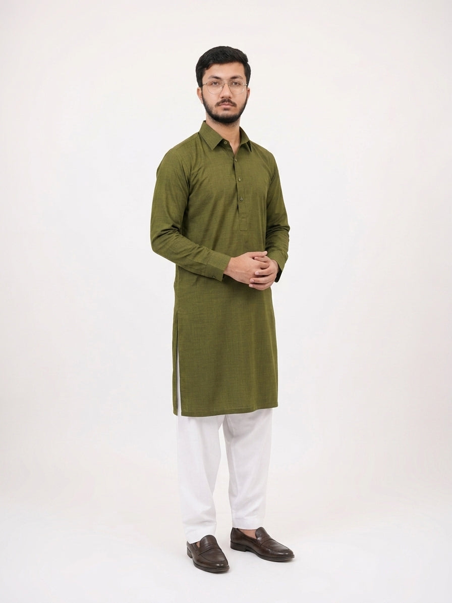 BIN ZAIN Signature Cotton Light Mehndi Kurta