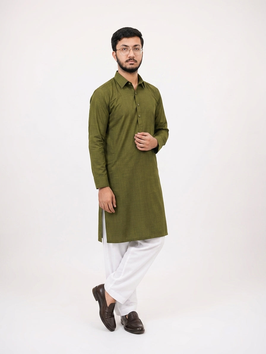 BIN ZAIN Signature Cotton Light Mehndi Kurta